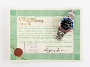 ROLEX : GMT Master Pepsi ref 1675 Long E in acciaio con ghiera girevole bicolore, quadrante nero opaco pallettoni, bracciale Oyster ripiegato, corredato da scatola garanzia e fattura d'acquisto originale  - Asta Orologi da Polso - Associazione Nazionale - Case d'Asta italiane