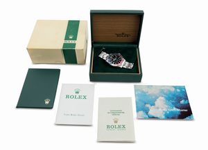 ROLEX : GMT Master Pepsi ref 1675 Long E in acciaio con ghiera girevole bicolore, quadrante nero opaco pallettoni, bracciale Oyster ripiegato, corredato da scatola garanzia e fattura d'acquisto originale  - Asta Orologi da Polso - Associazione Nazionale - Case d'Asta italiane