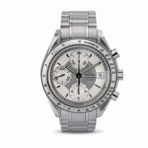 OMEGA - Sportivo Speedmaster in acciaio inossidabile con anse elicoidali, ghiera tachimetrica e tasti a pompa, quadrante argent bitonale