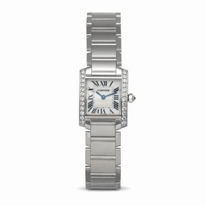 CARTIER - Raffinato Tank Francaise in oro bianco 18k e diamanti, movimento al quarzo con quadrante argent e numeri romani