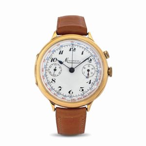 MINERVA - Elegante chrono monopulasante da pilota in oro giallo 18 kt, cassa a cerniera, quadrante smalto bianco, numeri Breguet, scala tachimetrica