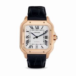 CARTIER - Santos in oro rosa 18k, movimento automatico con quadrante argent e numeri romani, corredato da scatola e garanzia in ottimo stato di conservazione