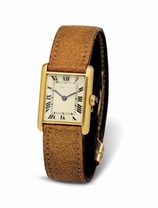 CARTIER : Elegante Tank Louis in oro giallo 18 kt a carica manuale, quadrante con numeri Romani, minuteria Chemin de Fer e deployante firmata Cartier  - Asta Orologi da Polso - Associazione Nazionale - Case d'Asta italiane