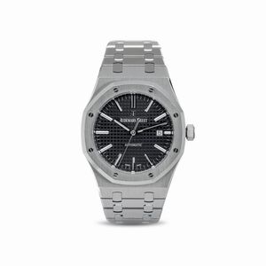 AUDEMARS PIGUET - Royal Oak 15400ST, in acciaio con quadrante nero Grande Tapissserie , indici lunghi e datario con fondello a vista, corredato da scatola e garanzia