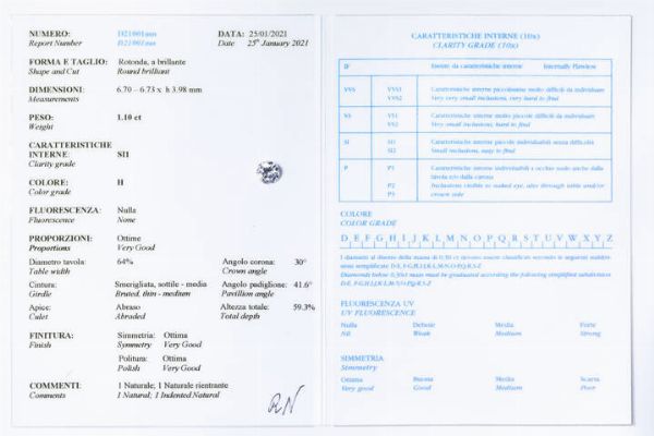 DIAMANTE : di ct 1 10 ca  colore H  purezza SI1 Certificato di analisi RAG  n. D21001 25/01/2021.  - Asta Gioielli - Associazione Nazionale - Case d'Asta italiane