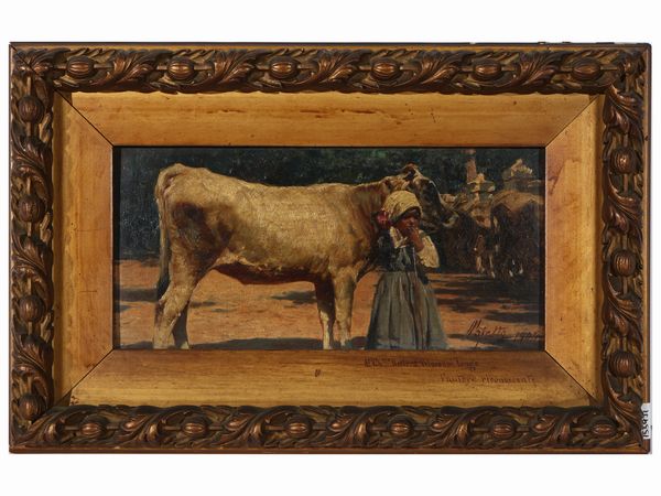 Pietro Pajetta : Contadinella con armenti 1904  - Asta 	 Una casa fiorentina. Tra tradizione e modernit Arte moderna e contemporanea Raccolta di dipinti moderni e Design - II  - Associazione Nazionale - Case d'Asta italiane