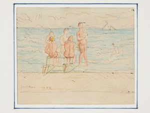 Moses Levy - Veduta di spiaggia con bagnanti 1932