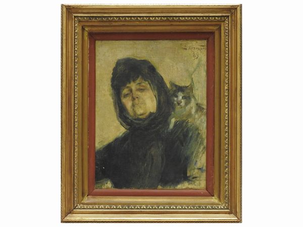 David Osipovitch Widhopff : Donna con gatto 1889  - Asta Una casa fiorentina. Tra tradizione e modernit Le collezioni, i dipinti, gli arredi - III  - Associazione Nazionale - Case d'Asta italiane