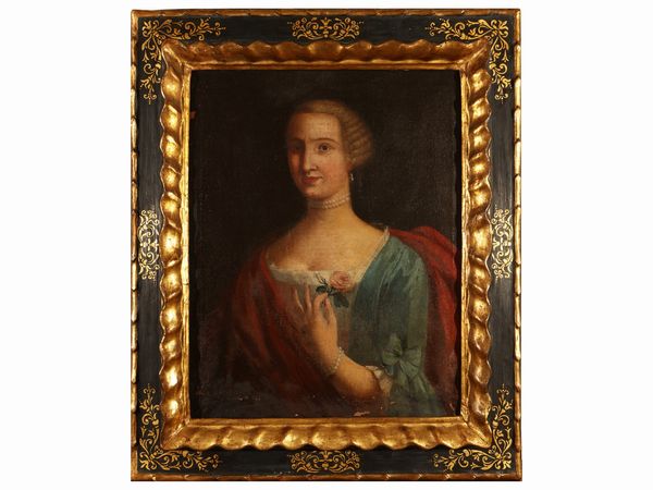 Scuola veneta del XVIII secolo : Ritratto di nobildonna con rosa  - Asta Una casa fiorentina. Tra tradizione e modernit Le collezioni, i dipinti, gli arredi - III  - Associazione Nazionale - Case d'Asta italiane