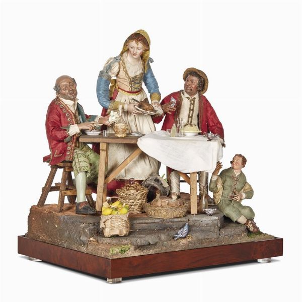 GRUPPO DI FIGURE IN TAVERNA, NAPOLI, SECOLI XVIII/XIX  - Asta ASTA A TEMPO | PASTORI DA PRESEPE NAPOLETANI DA UN'IMPORTANTE COLLEZIONE TOSCANA - Associazione Nazionale - Case d'Asta italiane