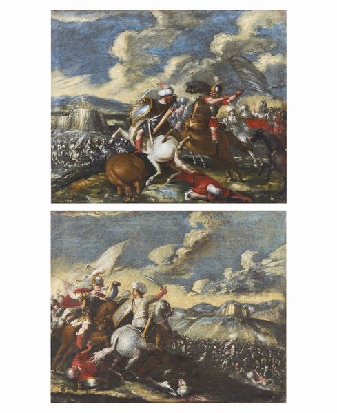 FALCONE ANIELLO (1607 - 1665) : Ambito di. Coppia di dipinti raffiguranti scene di battaglia tra cavalieri cristiani e turchi  - Asta Asta 432 | ARTE ANTICA E DEL XIX SECOLO Tradizionale - Associazione Nazionale - Case d'Asta italiane