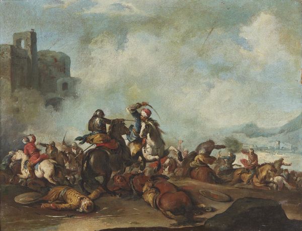 MARINI  ANTONIO MARIA (1668 - 1725) : Scena di battaglia tra cristiani e turchi presso un rudere  - Asta Asta 432 | ARTE ANTICA E DEL XIX SECOLO Tradizionale - Associazione Nazionale - Case d'Asta italiane