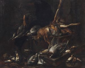 ARTISTA FIAMMINGO DEL XVII SECOLO - Natura morta con cacciagione e lepre