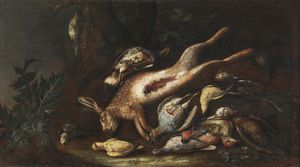 ARTISTA DEL XVII-XVIII SECOLO - Natura morta con cacciagione e lepre