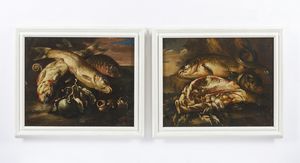 BOSELLI FELICE (1650 - 1732) - Coppia di dipinti raffiguranti nature morte con pesci