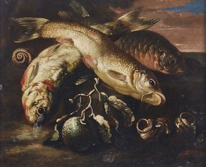 BOSELLI FELICE (1650 - 1732) : Coppia di dipinti raffiguranti nature morte con pesci  - Asta Asta 432 | ARTE ANTICA E DEL XIX SECOLO Tradizionale - Associazione Nazionale - Case d'Asta italiane