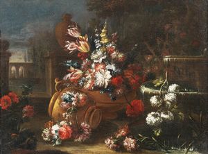 LOPEZ GASPARE (1650 - 1732) - Natura morta di fiori con vaso e fontana in un giardino