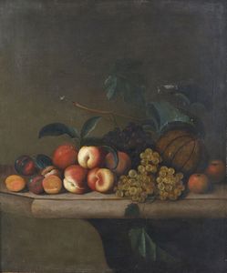 ARTISTA DEL XVIII SECOLO - Natura morta con uva, pesche e melone