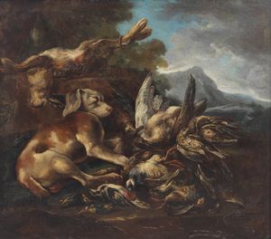 ARTISTA DEL XVIII SECOLO - Natura morta con cacciagione e un cane addormentato