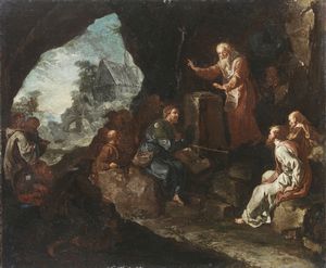 ROSSI GIOVANNI BATTISTA (1730 - 1782) : Coppia di dipinti raffiguranti un monaco che predica a un pellegrino in una grotta e la morte di una monaca  - Asta Asta 432 | ARTE ANTICA E DEL XIX SECOLO Tradizionale - Associazione Nazionale - Case d'Asta italiane