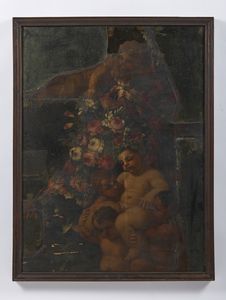 NUZZI, DETTO MARIO DEI FIORI MARIO (1603 - 1673) : Attribuito a. Specchio con inserto in legno dipinto raffigurante natura morta con putti  - Asta Asta 432 | ARTE ANTICA E DEL XIX SECOLO Tradizionale - Associazione Nazionale - Case d'Asta italiane