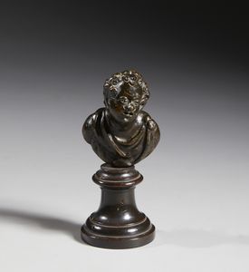 BRONZISTA VENETO DEL XVI-XVII SECOLO - Piccolo busto di fanciullo in bronzo, nei modi di Niccol Roccatagliata