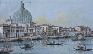 GUARDI GIACOMO (1764 - 1835) : Gruppo di cinque gouaches raffiguranti veduta della cittadella alla Giudecca a San Canziano in Campiello della Madonetta in Venezia. Veduta di San Simon piccolo a San Canziano in Campiello. Isola di Sant'Angelo della Polvere. Veduta del Rio Ter detto del Forno a San Polo che conduce alla Basilica dei Frari. Veduta del Canale che conduce a San Pantaleo detto il Rio di C Foscari  - Asta Asta 432 | ARTE ANTICA E DEL XIX SECOLO Tradizionale - Associazione Nazionale - Case d'Asta italiane