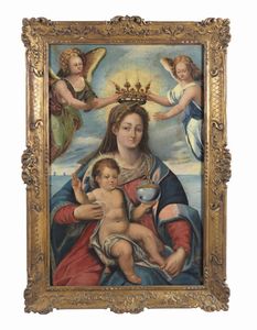 LOLMO GIAN PAOLO (1550 - 1595) : Madonna con Bambino incoronata da due angeli  - Asta Asta 432 | ARTE ANTICA E DEL XIX SECOLO Tradizionale - Associazione Nazionale - Case d'Asta italiane