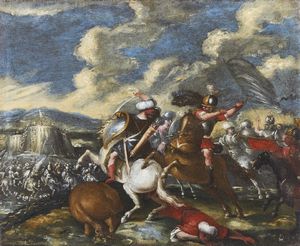 FALCONE ANIELLO (1607 - 1665) : Ambito di. Coppia di dipinti raffiguranti scene di battaglia tra cavalieri cristiani e turchi  - Asta Asta 432 | ARTE ANTICA E DEL XIX SECOLO Tradizionale - Associazione Nazionale - Case d'Asta italiane