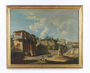 ARTISTA ROMANO DEL XVII-XVIII SECOLO : Veduta di Roma con l'Arco di Costantino, la Meta Sudans e l'Arco di Tito sullo sfondo  - Asta Asta 432 | ARTE ANTICA E DEL XIX SECOLO Tradizionale - Associazione Nazionale - Case d'Asta italiane