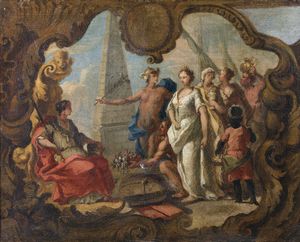 FORABOSCO GIROLAMO (1631 - 1689) - Scena allegorica (probabilmente Mercurio che accompagna Didone di fronte alla Giustizia)