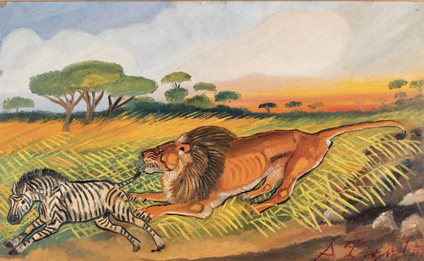 Antonio Ligabue : Leone con zebra  - Asta Arte Moderna e Contemporanea - Associazione Nazionale - Case d'Asta italiane