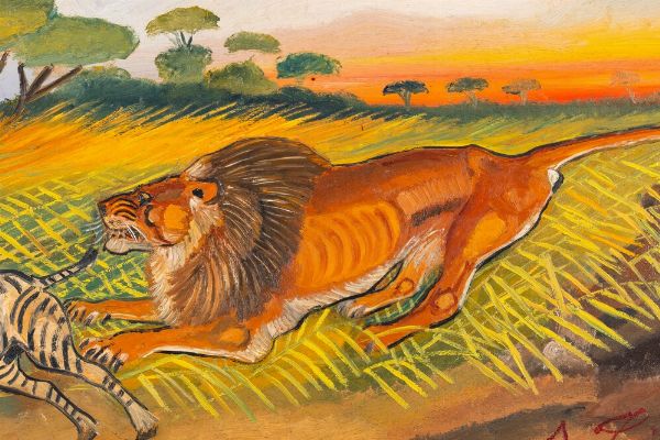 Antonio Ligabue : Leone con zebra  - Asta Arte Moderna e Contemporanea - Associazione Nazionale - Case d'Asta italiane