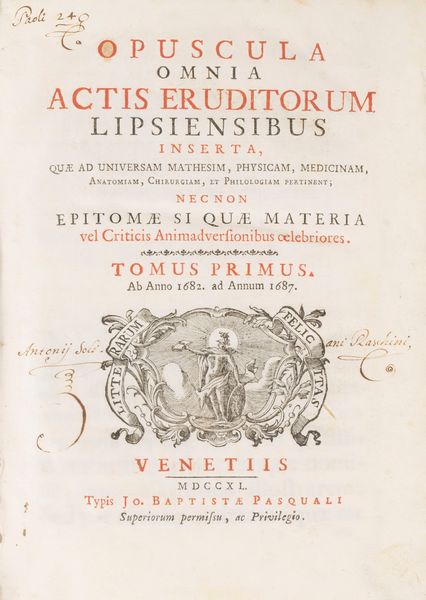 Acta eruditorum : Opuscula Omnia actis eruditorum Lipsiensibus inserta, quae ad Universam Mathesim, Physicam, Medicinam, Anatomiam Chirurgiam, et Philologiam pertinent  - Asta Libri, Autografi e Stampe - Associazione Nazionale - Case d'Asta italiane