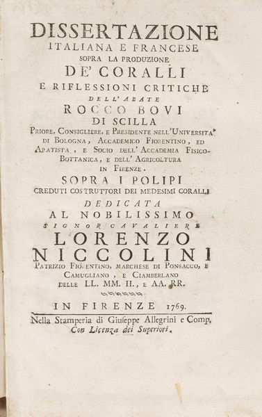 Rocco Bovi : Dissertazione italiana e francese sopra la produzione de' coralli  - Asta Libri, Autografi e Stampe - Associazione Nazionale - Case d'Asta italiane