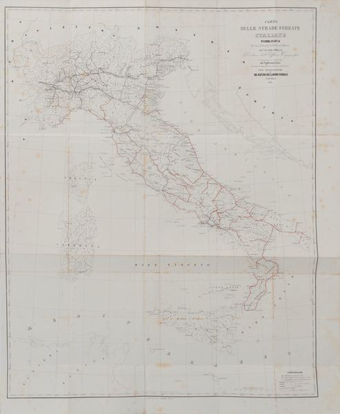 Cesare Firrao : Carta delle strade ferrate italiane. Pubblicata per cura del sig. Cesare Firrao ed eseguita in litografia dal sig. Bruno Colao per disposizione del Dicastero dei Lavori Pubblici.  - Asta Libri, Autografi e Stampe - Associazione Nazionale - Case d'Asta italiane