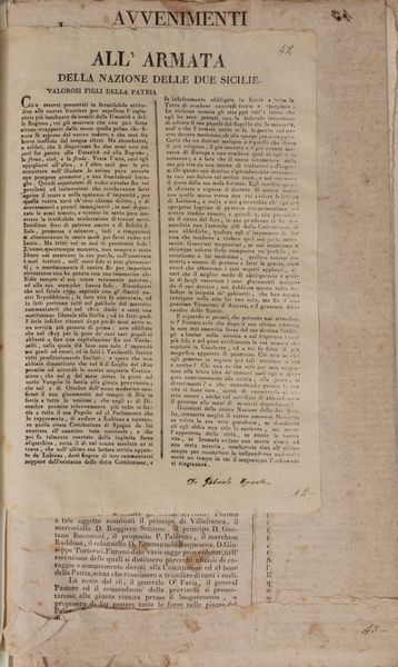 Miscellanea Politica. Moti popolari 1820 - 1821. Raccolta di editti, proclami, ordinanze, comunicati, fogli volanti, decreti, suppliche, relazioni del Parlamento, poemetti popolari (alcuni in dialetto), notizie stampa, ecc.  - Asta Libri, Autografi e Stampe - Associazione Nazionale - Case d'Asta italiane