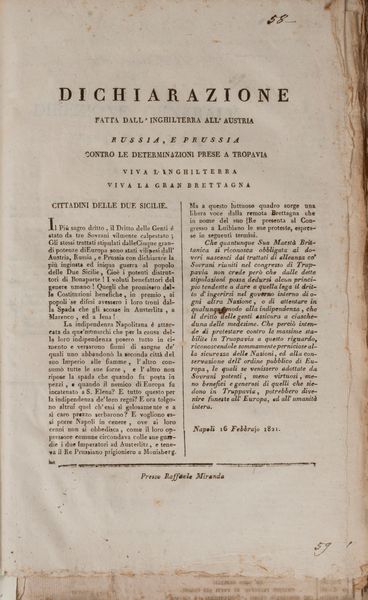 Miscellanea Politica. Moti popolari 1820 - 1821. Raccolta di editti, proclami, ordinanze, comunicati, fogli volanti, decreti, suppliche, relazioni del Parlamento, poemetti popolari (alcuni in dialetto), notizie stampa, ecc.  - Asta Libri, Autografi e Stampe - Associazione Nazionale - Case d'Asta italiane