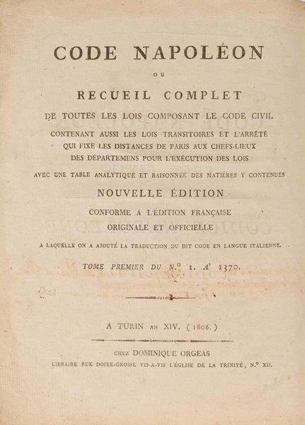 Code Napoleon ou recueil complet de toutes les lois composant le code civil  - Asta Libri, Autografi e Stampe - Associazione Nazionale - Case d'Asta italiane