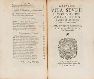 Dante Alighieri, : Vita Nuova - Origine, vita, studi e costumi del chiarissimo Dante Allighieri...fatta, e compilata dall'inclito m. Giouanni Boccaccio  - Asta Libri, Autografi e Stampe - Associazione Nazionale - Case d'Asta italiane