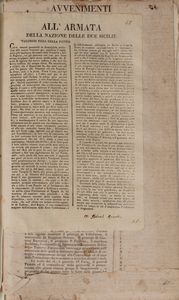 Miscellanea Politica. Moti popolari 1820 - 1821. Raccolta di editti, proclami, ordinanze, comunicati, fogli volanti, decreti, suppliche, relazioni del Parlamento, poemetti popolari (alcuni in dialetto), notizie stampa, ecc.  - Asta Libri, Autografi e Stampe - Associazione Nazionale - Case d'Asta italiane