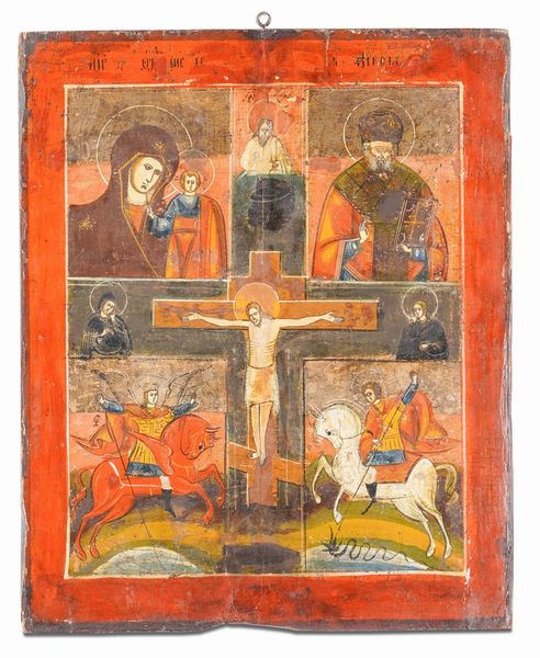 Icona quadripartita raffigurante la Vergine di Kazan, San Nicola di Mira, San Michele e San Giorgio con Crocifissione al centro. Romania, XIX secolo.  - Asta Argenti da Collezione | Antichi - Associazione Nazionale - Case d'Asta italiane