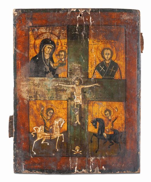 Icona quadripartita raffigurante la Vergine di Kazan, San Nicola di Mira, San Demetrio e  San Giorgio con Crocifissione al centro. Romania, XVIII-XIX secolo  - Asta Argenti da Collezione | XX secolo - Associazione Nazionale - Case d'Asta italiane