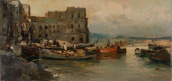 Ezelino Briante : Napoli, barche di pescatori a Palazzo Donn'Anna  - Asta Arte Figurativa tra XIX e XX Secolo - Associazione Nazionale - Case d'Asta italiane