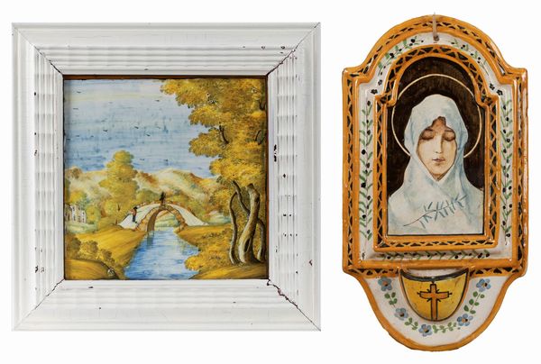 Luigi Bozzelli : Formella con paesaggio e acquasantiera con Madonna  - Asta Arte Figurativa tra XIX e XX Secolo - Associazione Nazionale - Case d'Asta italiane