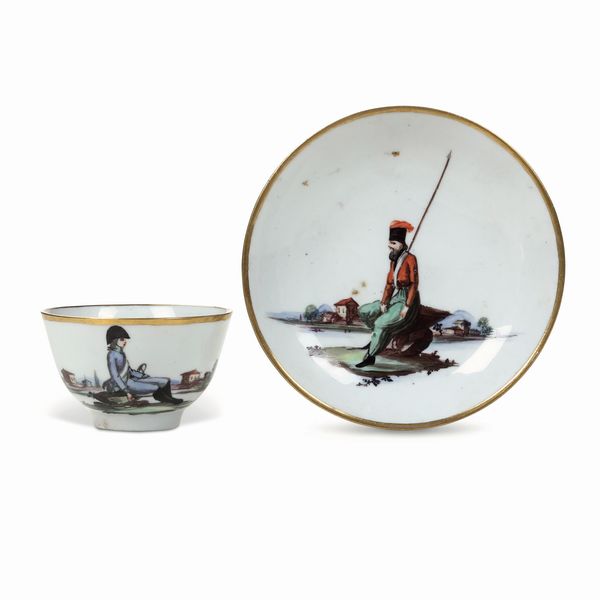 Tazza con piattino<BR>Nove, Manifattura Antonibon-Parolin, 1798 circa<BR>Probabile decorazione di Giovanni Marcon (1771-1830)<BR>  - Asta Maioliche, Porcellane e Figure Venete di un Collezionista Veneziano - Associazione Nazionale - Case d'Asta italiane