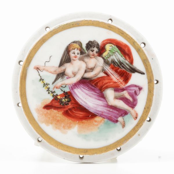 Placchetta tonda per abiti<BR>Nove, Manifattura Antonibon, primi del XIX secolo<BR>Pittura di Giovanni Marcon (1771-1830)<BR>  - Asta Maioliche, Porcellane e Figure Venete di un Collezionista Veneziano - Associazione Nazionale - Case d'Asta italiane