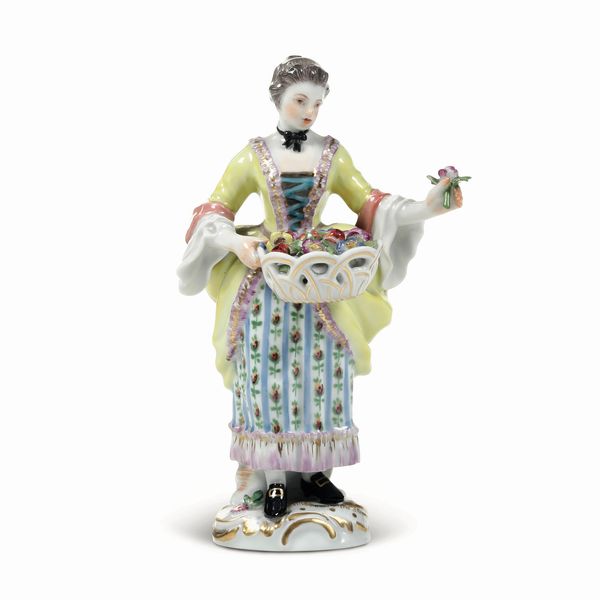 Figurina di venditrice di fiori<BR>Meissen, 1970-1980 circa<BR>Modello di J.J. Kaendler e P. Reinicke  - Asta Maioliche, Porcellane e Figure Venete di un Collezionista Veneziano - Associazione Nazionale - Case d'Asta italiane