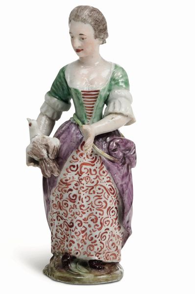 Figurina di contadina<BR>Venezia, Manifattura Cozzi, 1770-1785<BR>  - Asta Maioliche, Porcellane e Figure Venete di un Collezionista Veneziano - Associazione Nazionale - Case d'Asta italiane