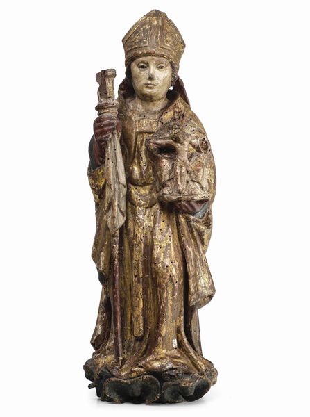 Santo Vescovo. Legno scolpito, dorato e policromo. Arte rinascimentale dellItalia del nord (Lombardia?)  - Asta Scultura e Oggetti d'Arte - Associazione Nazionale - Case d'Asta italiane